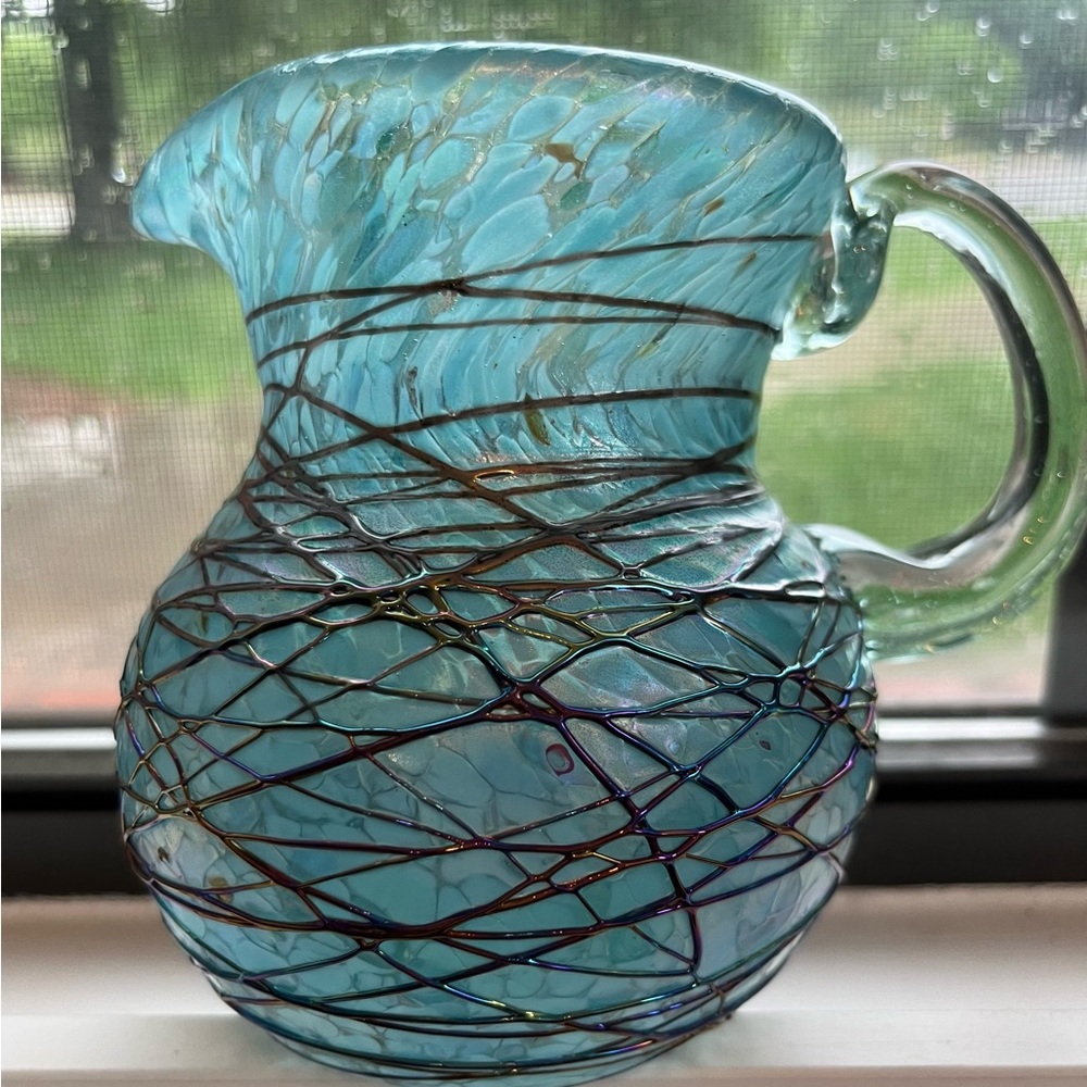 NWOT Hand Blown Blue Glass Pitcher With Iridescent Purple Accents (Mazatlan)